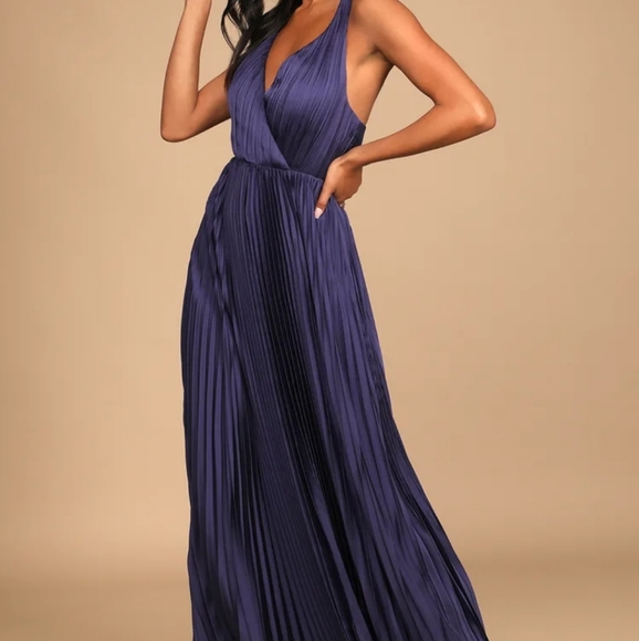 Lulus Indigo Blue(purple) Pleated Satin Maxi Dress, NWT,  Size S - Picture 2 of 4